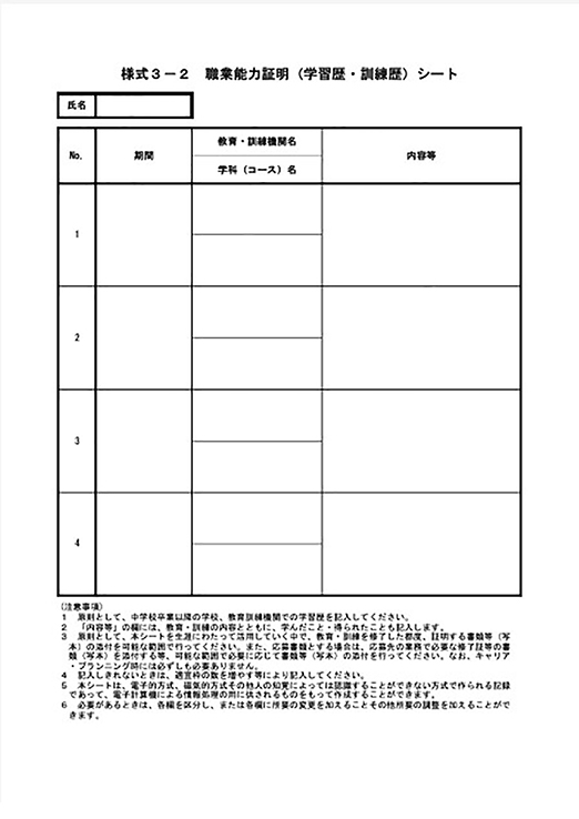 様式３－２職業能力証明（学習歴・訓練歴）シート