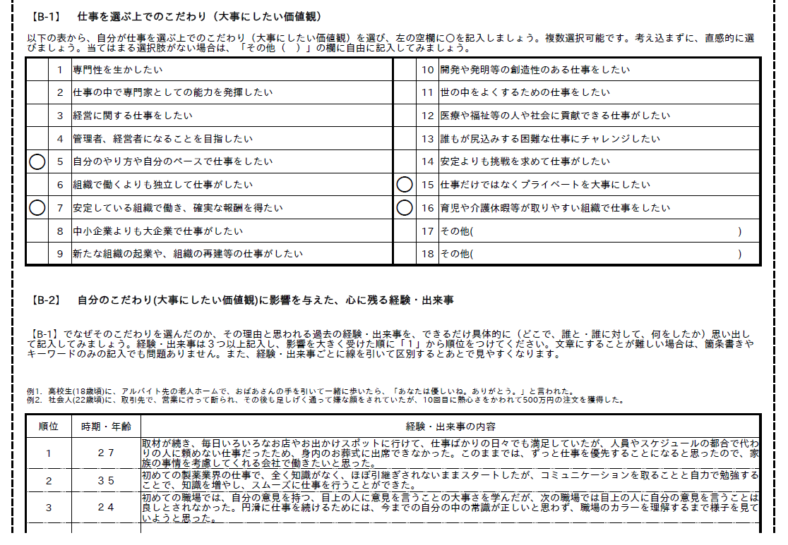 Bさんの作ったキャリア・プラン作成補助シートから抜粋した画像