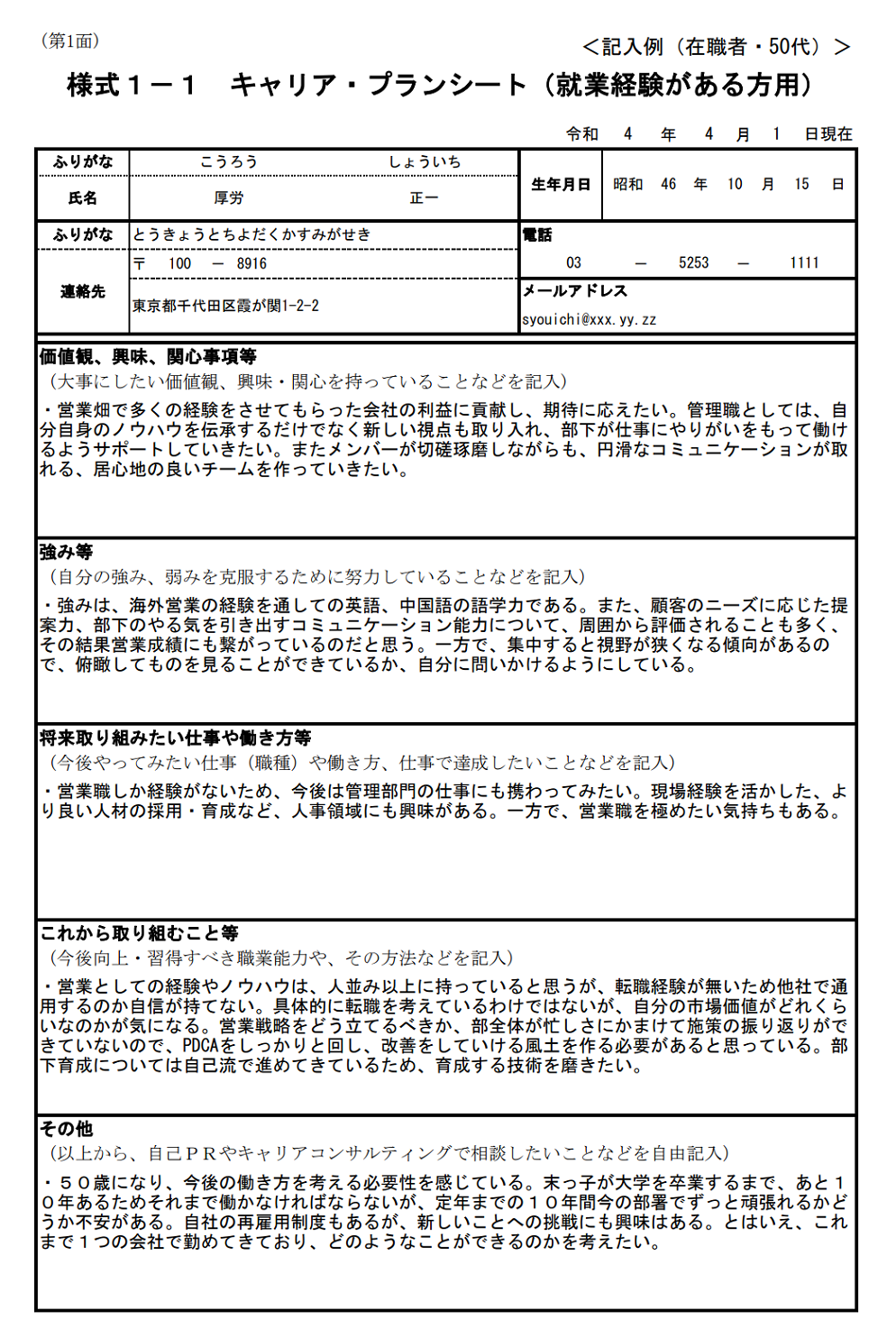 様式１－１「キャリア・プランシート（就業経験がある方用）」の記入例より抜粋した画像