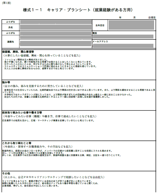 Aさんの作ったキャリア・プランシートから抜粋した画像